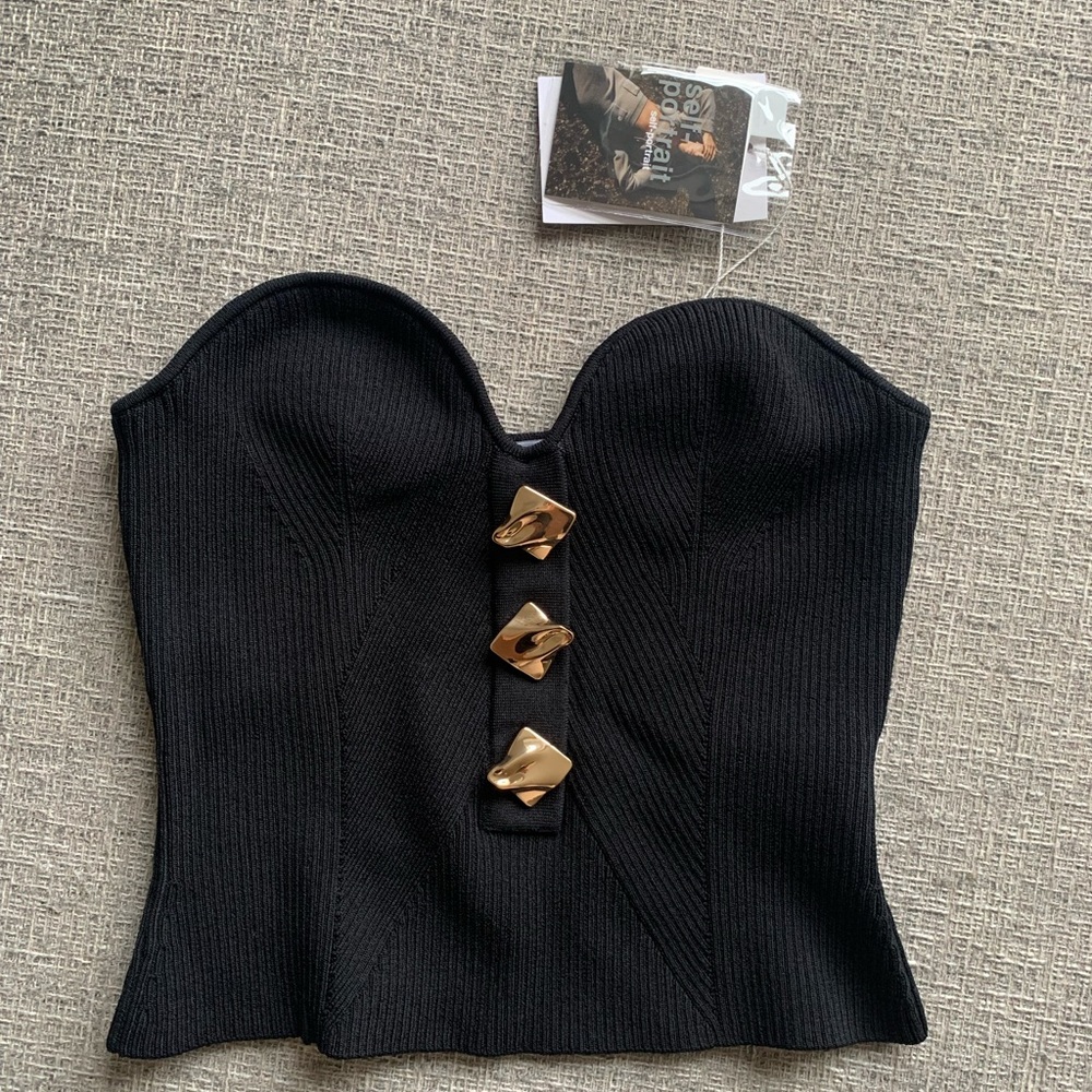 Self Portrait Black Strapless Ribbed Knit Top